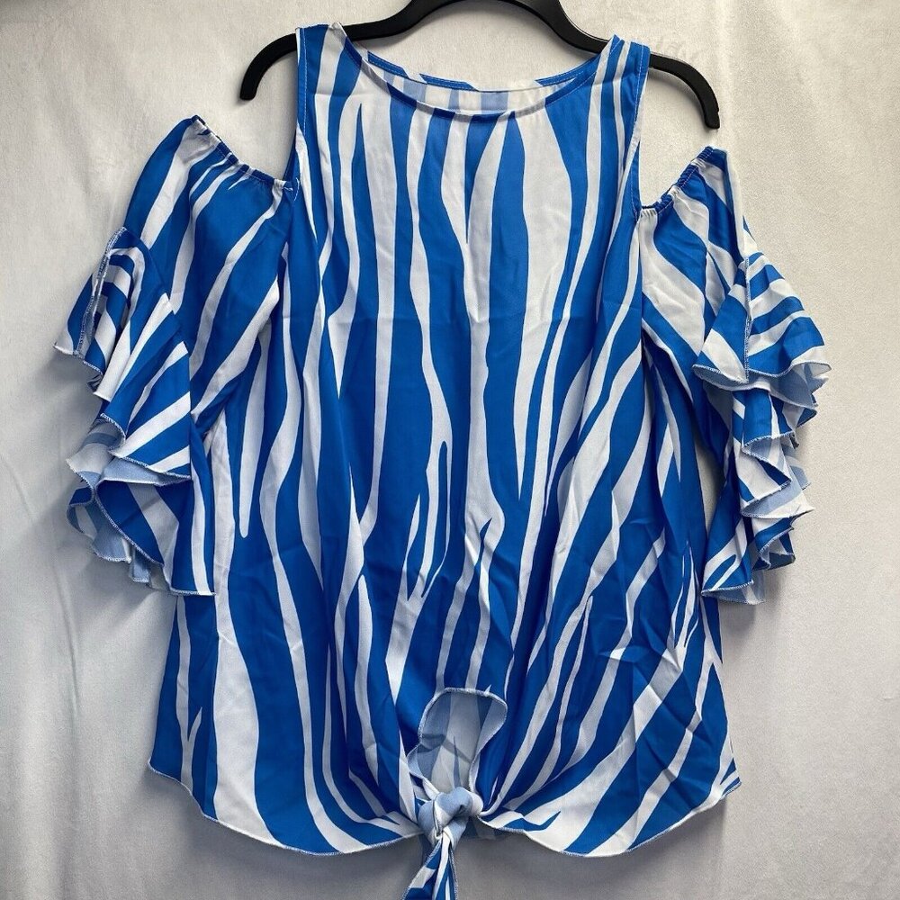 Women Round Neck Cold Shoulders Short Sleeve Tie Hem Blouse Small White/Blue